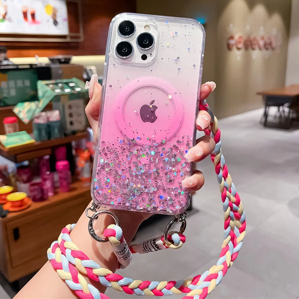 Glitter Crossbody Lanyard Case For iphone 15 14 12 13 Mini 11 Pro Max Plus For Magsafe Silicone Back Cover