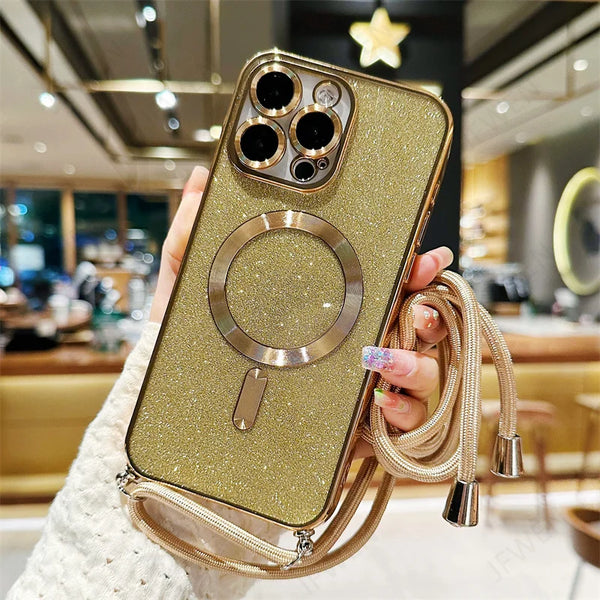 Glitter Crossbody Lanyard Magnetic Case For iPhone 15 14 Plus Pro Max For Magsafe Electroplated Soft TPU Back Cover