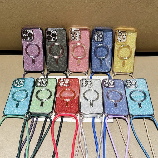 Glitter Crossbody Lanyard Magnetic Case For iPhone Plus 13 12 11 Pro Max Cases For Magsafe Electroplated Soft TPU Back Cover
