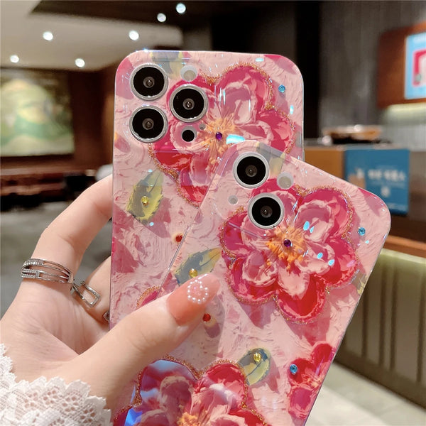 Glitter Diamond Oil Painting Flower Phone Case For iPhone 12 11 Pro Max Plus Cases Camera Protection Soft Cover