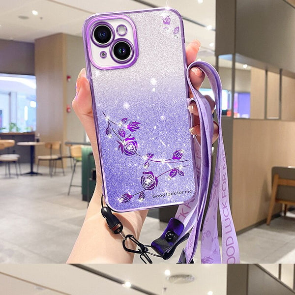 Luxury Glitter Flower Lanyard Case For iPhone 14 Pro Max 14pro 13 12 Pro Max 11 Coque Luxury Wristband Hand Strap Soft Cover