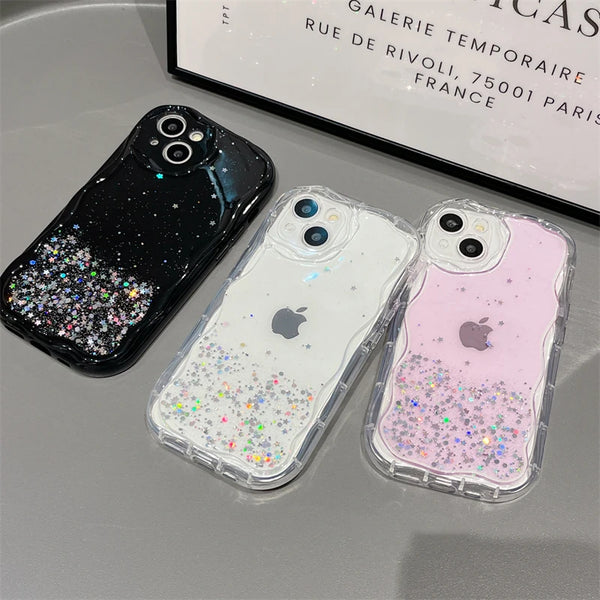 Glitter Sequin Wavy Cases For iPhone 15 14 Pro Max 13 12 Mini 11 XR XS X 7 8 Plus 6 SE Transparent Shockproof Silicone Soft Cover