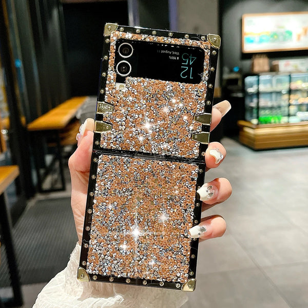 Luxury Glitter Square Diamond Case For Samsung Galaxy Z Flip 5 4 3 5G Bling Rhinestones Armor Shockproof Protection Bumper Cover