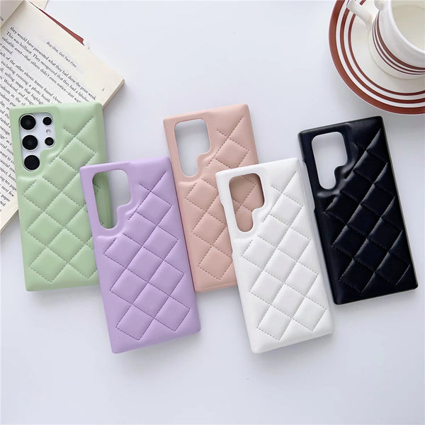 Luxury Leather Diamond Lattice Samsung Galaxy Phone S24 Ultra S23 Plus Cases Candy Color Soft Shockproof Hard PC Back Cover
