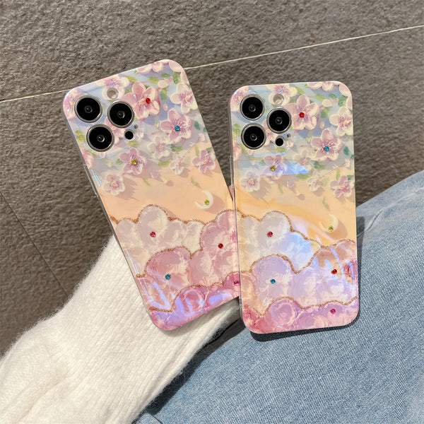 Pink Cute Oil Painting Sakura Phone Case For iPhone 12 11 Flower Diamond Reflective Cover