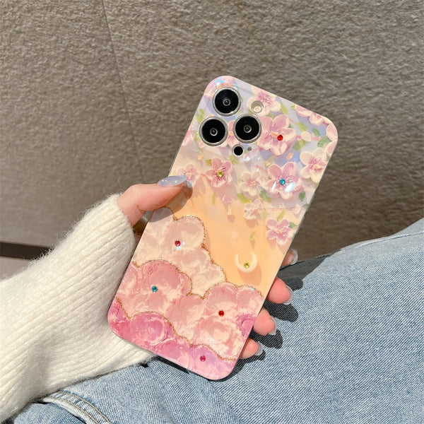 Pink Cute Oil Painting Sakura Phone Case For iPhone Pro XS Max Mini XR X 7 8 Plus Flower Diamond Reflective Cover