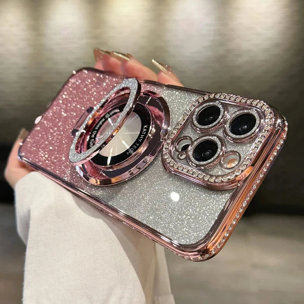 Plating Diamond Glitter Magnetic Bracket iPhone 15 Pro Max 14 13 12 Cases Rhinestone For Magsafe Ring Stand Shockproof Cover