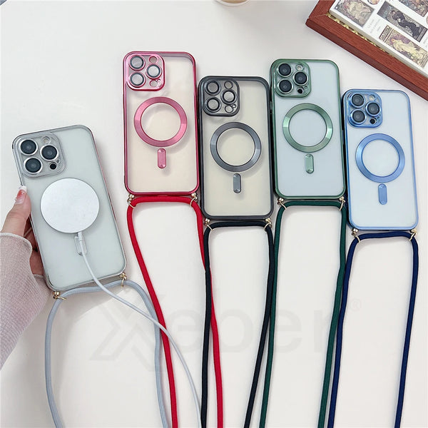 Crossbody Lanyard Plating Magnetic Case For iPhone 15 14 Pro Max 13 Necklace Strap Rope For Magsafe Transparent Soft Cover