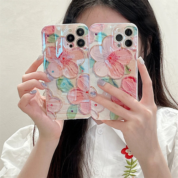 Glitter Diamond Oil Painting Pink Flower iPhone 15 Pro Max 14 13 11 12 Mini X XS XR 7 8 Plus Cases Glossy Shockproof Cover