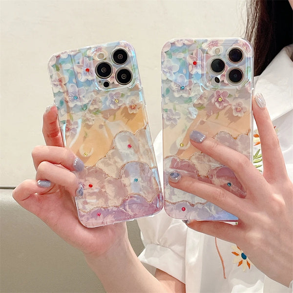 Pink Cute Oil Painting Sakura Phone Case For iPhone 15 14 13 Max Flower Diamond Reflective Cover