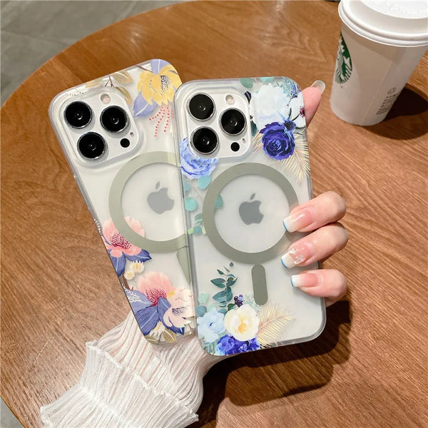 Magsafe Wireless Charging Flower Phone Cases For iPhone 15 14 Pro Max Plus 13 Matte Translucent Hard Shockproof Cover