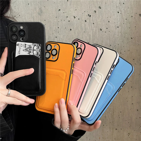 Glass Lens Film Protection Leather Slot Card Holder Wallet Cases For iPhone 14 Pro Max 13 12 11 Candy Color Shockproof Soft Cover