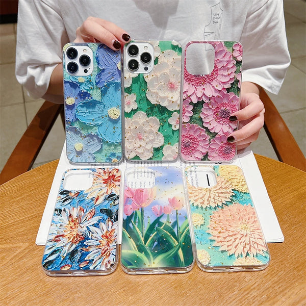 Gold Foil Retro Oil Painting Flowers Phone Case For iPhone 15 14 13 Pro Max Mini Soft Shockproof Cover