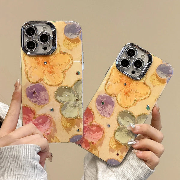 Luxury Glitter Diamond Oil Painting Flower Phone Case For iPhone 15 Pro Max 14 13 12 11 Colorful Soft Silicone Shockproof Cover
