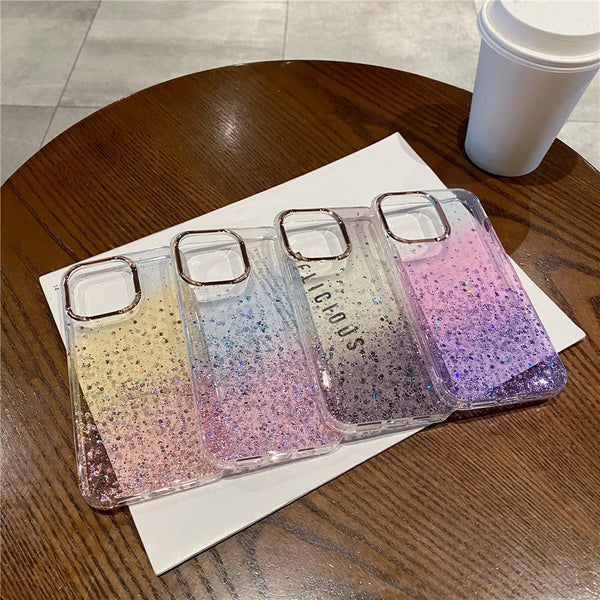 Luxury Gradient Glitter Bling Sequins Transparent Phone Case For iPhone 13 14 15 Pro Max Shockproof Epoxy Protection Back Cover