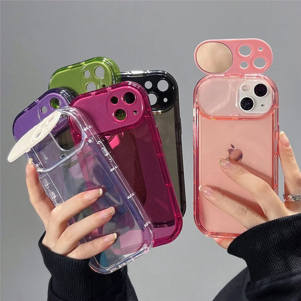 Invisible Fold Mirror Stand Holder Transparent Phone Cases For iPhone 15 Pro Max 14 13 11 12 Candy Color Protection Cover