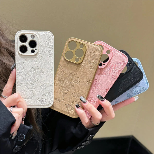 Luxury Leather Butterfly Pattern Phone Case For iPhone 15 Pro Max 14 13 12 11 Camera Protection Shockproof Soft Silicone Cover