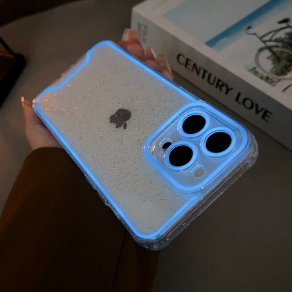 Transparent Luminous Fluorescent Glitter Case For iPhone 15 Pro Max Plus 14 13 Shockproof Camera Protection Silicone Cover