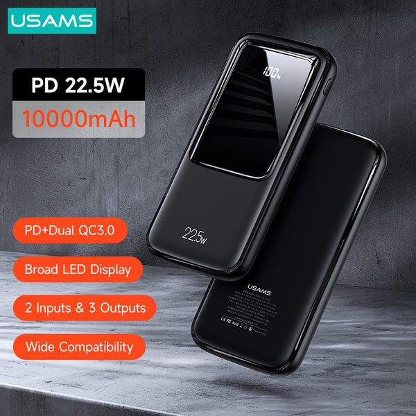 USAMS 10000mAh PD 22.5W Fast Charge Power Bank Digital Display QC3.0 Powerbank Portable External Battery For Phone Tablet Laptop