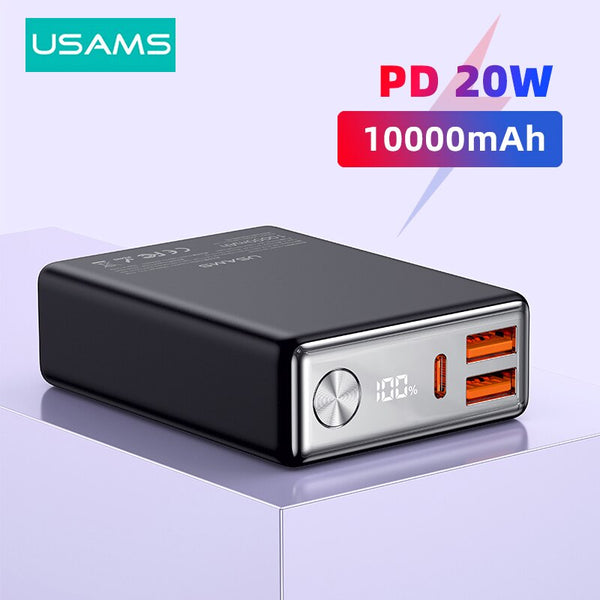 USAMS 10000mAh Power Bank 20W PD Fast Charge Powerbank QC3.0 Digital Display Portable External Battery Charger for iPhone Samsung Huawei