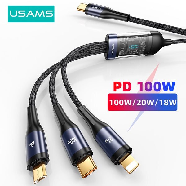 USAMS 100W 3 in 1 Type C Cable Digital Display PD Fast Charging Cable USB C 3 in1 For iPhone iPad MacBook Xiaomi Huawei Samsung Oppo
