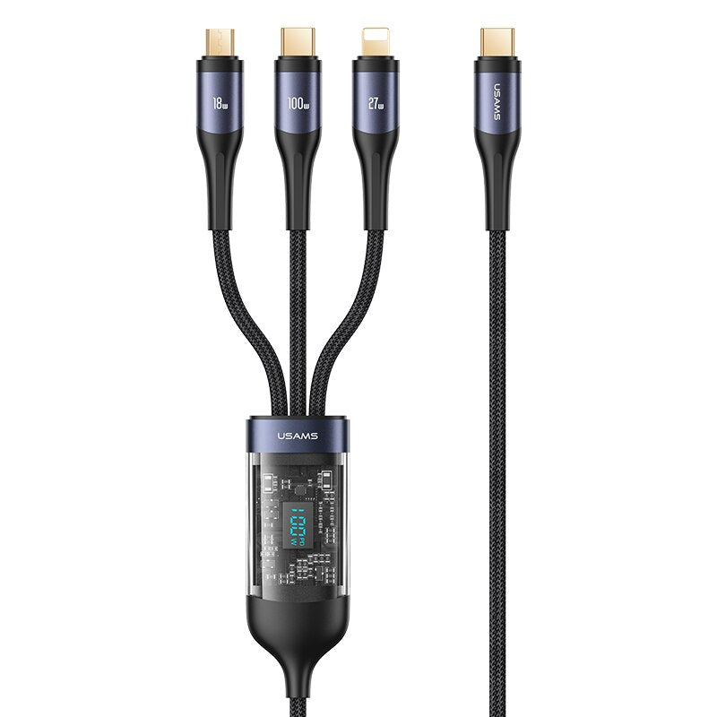 USAMS 100W 3 in 1 Type C Cable Digital Display PD Fast Charging Cable