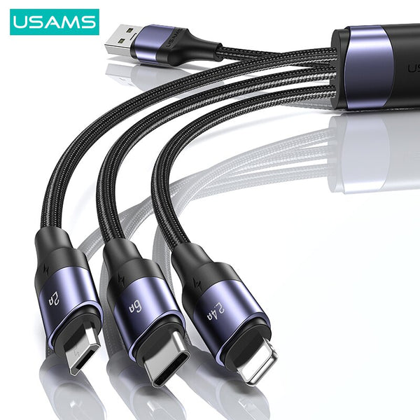 USAMS 100W 6A 3 in 2 Cable USB A To Type C Cable PD Fast Charge USB-C Mirco Cable For Samsung iPhone 14 13 12 11 Pro Max Huawei Xiaomi