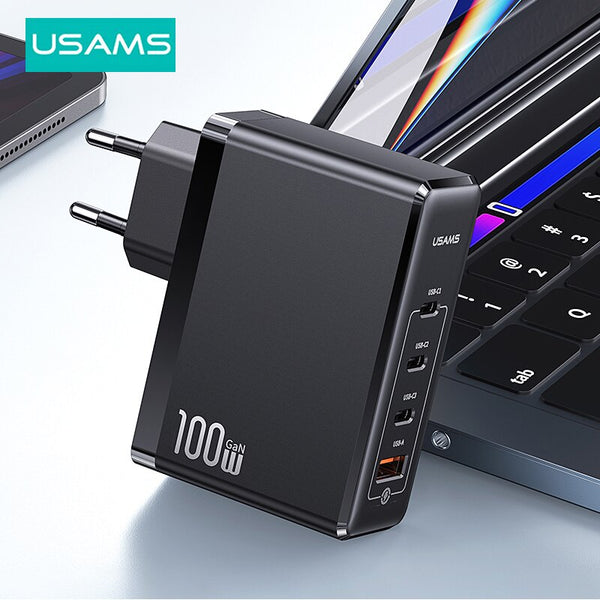 USAMS 100W GaN USB Fast Charger Type C PD Fast Charging Quick Charge 4.0 3.0 Portable Phone Charger For MacBook Laptop Smartphone