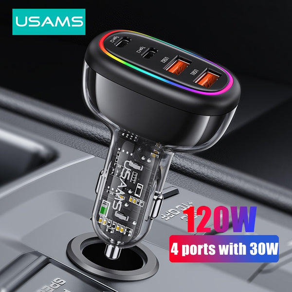 USAMS 120W/48W USB Car Charger Type C PD Fast Charging FCP SCP For iPhone 12 13 14 Pro Max Plus Sasmung Xiaomi Huawei Quick Charge Car Phone Charge