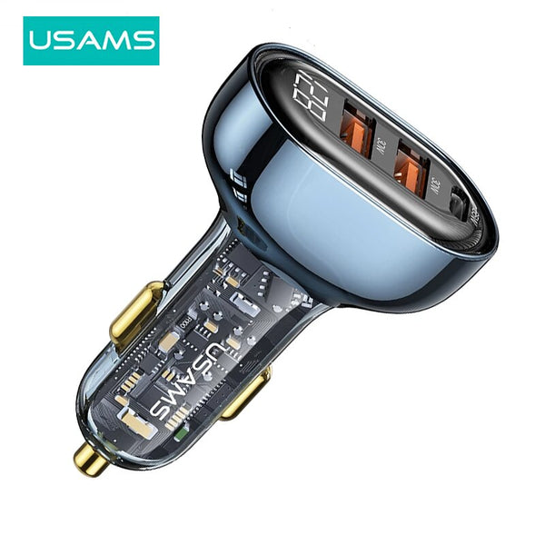 USAMS 125W Car Charger USB Type C PD QC 3 Ports Transparent Digital Display Fast Car Charger For iPhone Xiaomi Huawei Samsung Realme