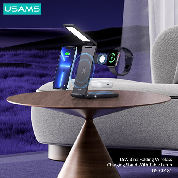 USAMS 15W Qi Fast Wireless Charger Stand With Table Lamp For iPhone 3 in 1 Foldable Charging Dock Station For Airpods Pro Watch