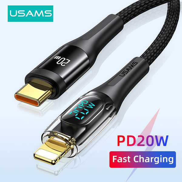 USAMS 20W USB C Cable Type C TO Light Lightning Data For iPhone 14 13 12 11 Pro Plus Max iPad Digital Display Type C PD Fast Charging Cable Transparent USB Cables
