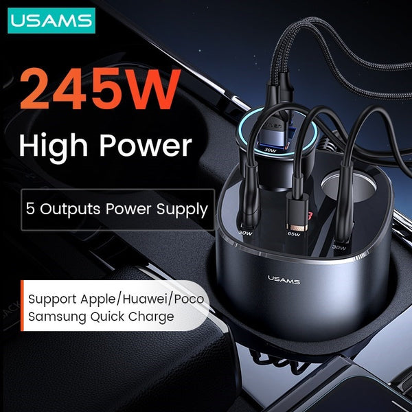 USAMS 245W Digital Display Fast Car Charger PD QC 3.0 AFC FCP Charger For iPhone iPad Huawei Xiaomi Samsung Phone Laptop Tablet