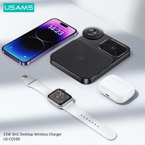 USAMS 3 In 1 15W Desktop Wireless Fast Charger For iPhone 14 Pro Max Samsung Charging Station for Apple Watch 8 7 Airpods 3 Pro