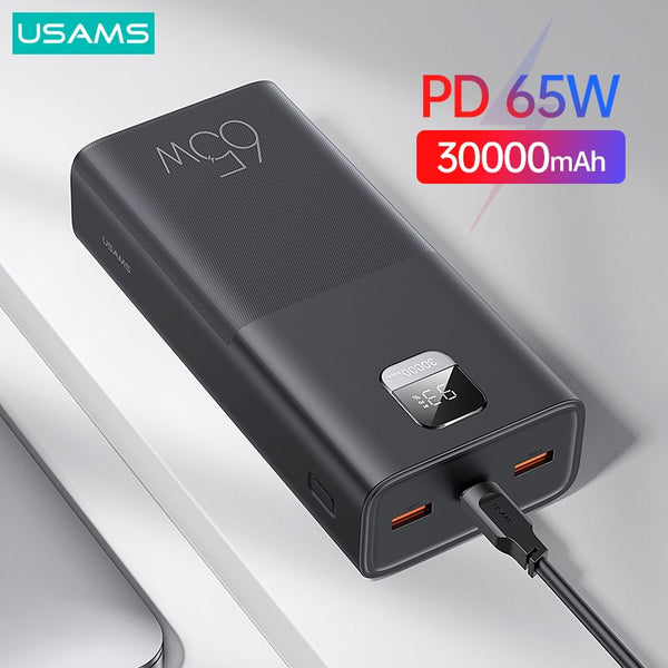 USAMS 30000mAh PD 65W Fast Charging Power Bank For MacBook iPad Pro iPhone Portable External Battery For Huawei Xiaomi Samsung