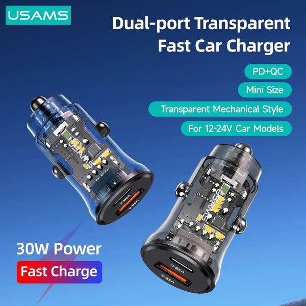USAMS 30W Mini Car Charger USB A C Car Quick Charger With Blue Ambient Light For iPhone iPad Huawei Samsung Xiaomi Tablet