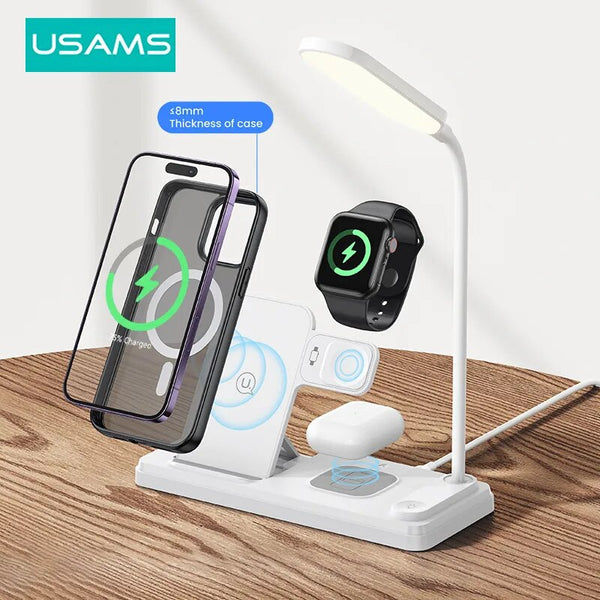 USAMS 4in1 Wireless Charging Holder with Fill Light Phone Holder Fast Wireless Charger Desk Holder for iPhone 15 14 13 12 11 Samsung Xiaomi