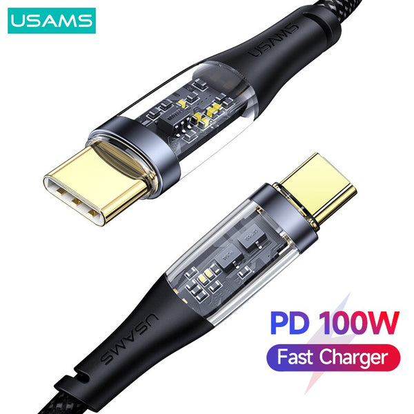 USAMS 5A PD 100W Type C To Type C Cable Transparent Fast Charger Cord Cable For Samsung Macbook Huawei Xiaomi Phone Quick Charge