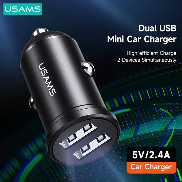 USAMS 5V 2.4A Mini Dual USB Ports Car Charger Stable Car Lighter Charger For iPhone Samsung Huawei Xiaomi Phone