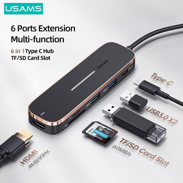 USAMS 6 In 1 PD 100W Type C Hub USB C to HDMI-compatible 1.4 USB3.0 TF SD Slot Hub Dock Station Splitter For MacBook Laptop iPad