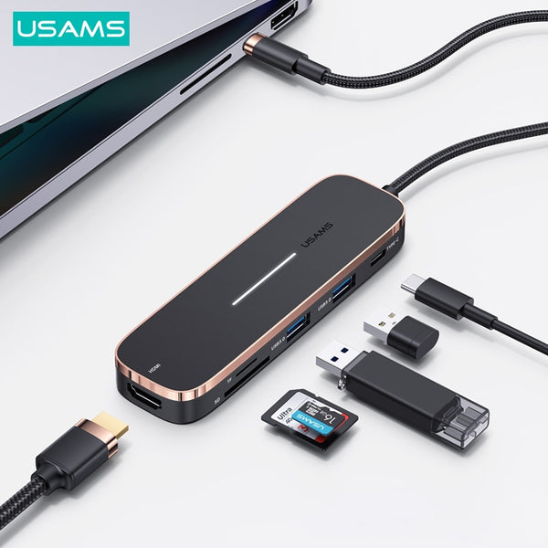 USAMS 6 In 1 USB Type C HUB USB C to HDMI-compatible SD Reader PD 100W Charger USB 3.0 HUB For MacBook Pro Dock Station Splitter