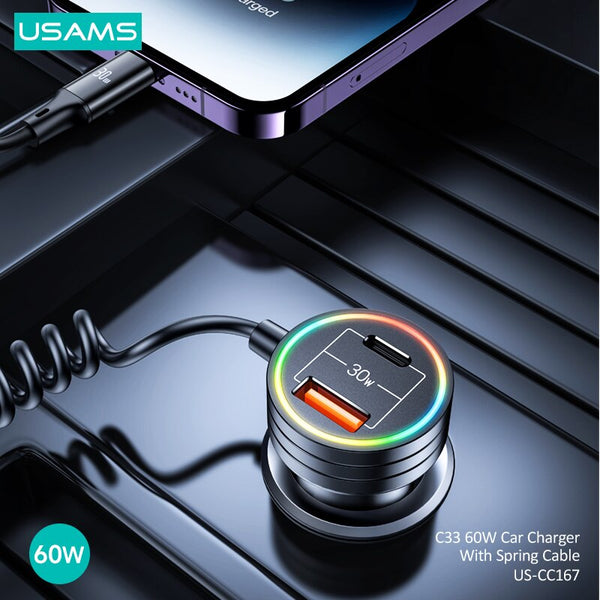 USAMS 60W Car Charger Quick Charge PD Charger For Macbook iPad Pro Laptop USB Type C Charger For iPhone 14 Pro Max Huawei Xiaomi