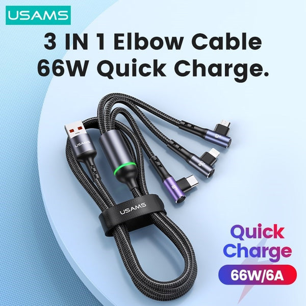 USAMS 66W 3 In 1 Cable Right Angle Elbow Game Cable For iPhone iPad MacBook Quick Charging Data Cable For Huawei Xiaomi iPhone Samsung OPPO