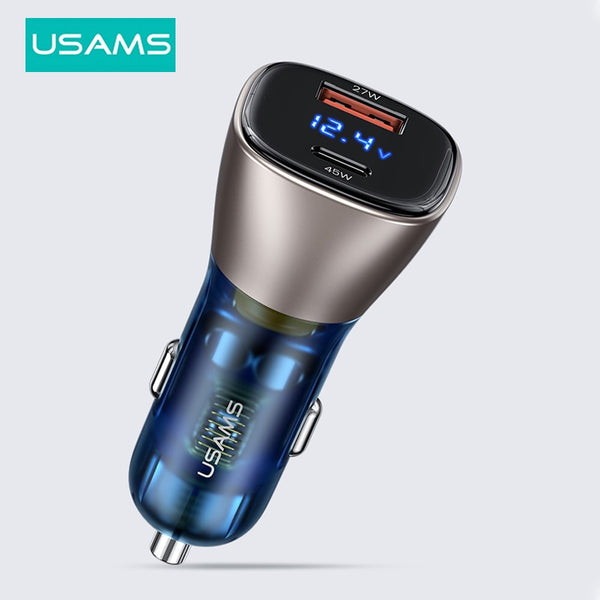 USAMS 72W Fast Car Charger Dual Port USB Type C Quick Charger Digital QC PD Laptop Phone Charger For iPhone Huawei Samsung Xiaomi