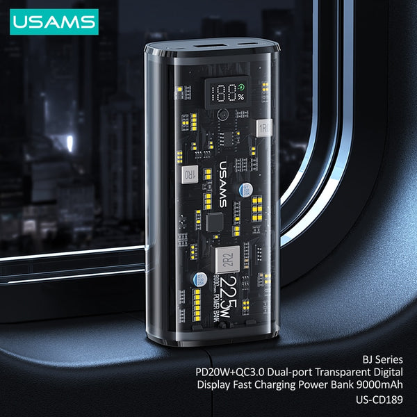 USAMS 9000mAh 20W Fast Charging Power Bank PD QC 3.0 Transparent Digital Display Powerbank External Battery For Samsung iPhone Huawei