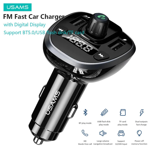 USAMS Bluetooth 5.0 FM Transmitter Fast Car Charger with Digital Display Handsfree MP3 Player Support BT/USB flash disk/TF Card