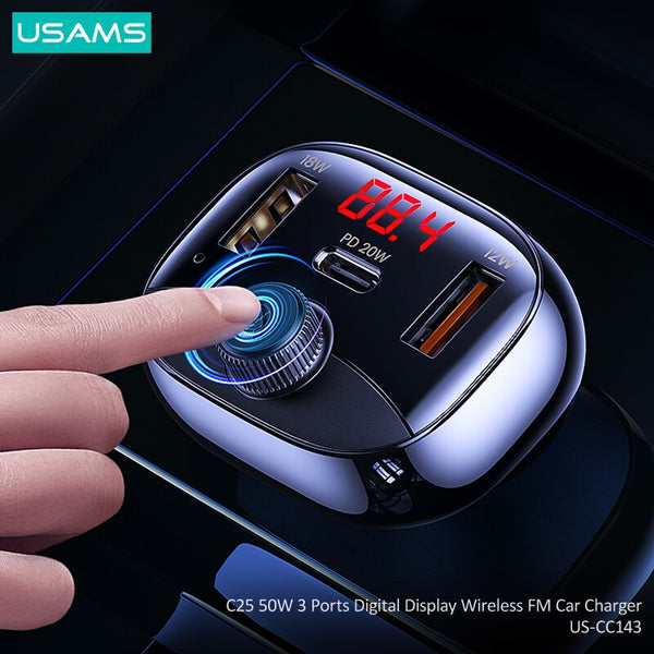 USAMS C25 50W 3 Ports Fast Charging Car Charger Digital Display Wireless FM Modulator Transmitter Bluetooth 5.0 FM USB Car Charger Kit
