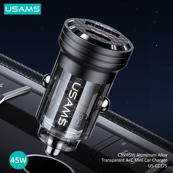 USAMS C35 45W Mini Car Charge For Huawei Xiaomi Redmi Samsng iPhone Quick Charge Aluminum Alloy Transparent Car Charger
