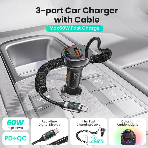 USAMS C37 60W Digital Display Fast Car Charger For iPhone USB A C With PD 30W Type C Spring Cable For Samsung Huawei Xiaomi