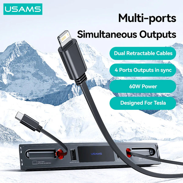 USAMS Car USB Shunt Hub For Tesla Model 3 Y PD 60W Fast Charging Intelligent Docking Station 4 Port Expansion Powered Splitter